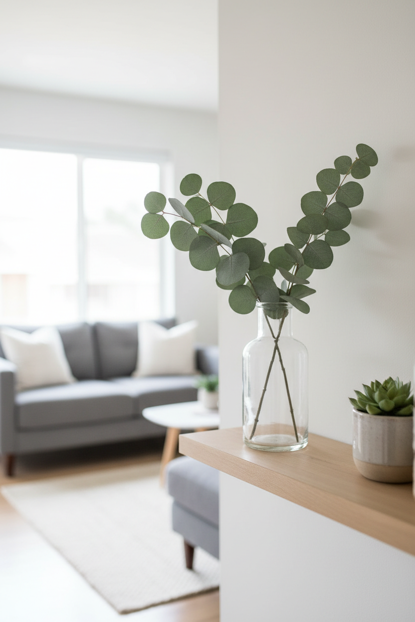 Silver dollar eucalyptus stems in a vase on a wood shelf in a bright modern living room