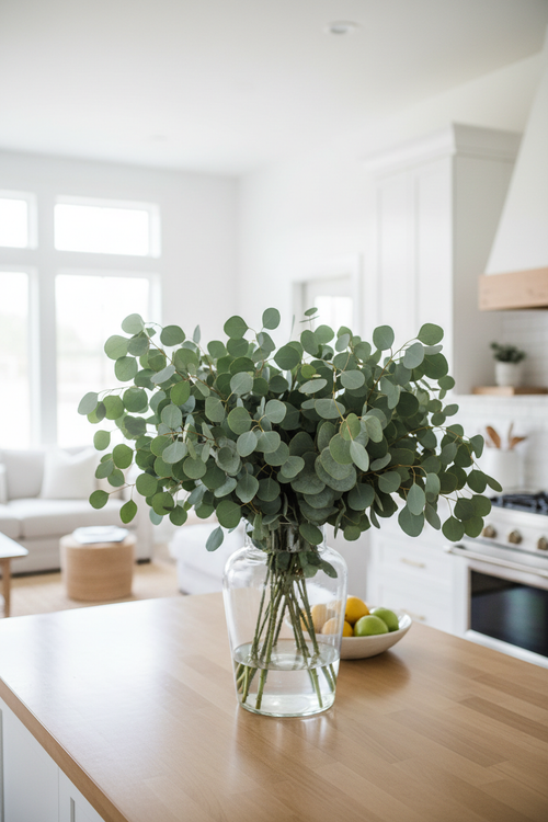 Full lush bunch of silver dollar eucalyptus stems in a large vase in a bright airy home
